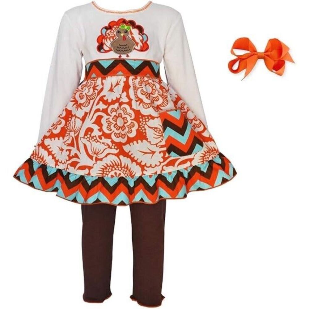 Ann Loren BNWT Girl's Thanksgiving Outfit‎ Chevron Turkey Dress Size 4-5